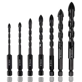 YUENTOEN 7Pcs Masonry Drill Bit Set, 1/4" Hex Shank Concrete Drill Bit Set for Stone Tile Brick Ceramic Glass Metal Sheet Plastic Wood, Tip Cutting Size 3mm-12mm
