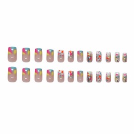 MERVF Square Press on Nails Medium Fake Nails Colorful French Tip Glue on Nails Press ons White Ombre Design Acrylic Wave Point Squoval False Nails for Women Glossy 24pcs