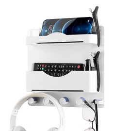 JUMEIHUI Bedside Wall Organizer with 4 Hooks,Adhesive Bedside Shelf Wall Mount,Plastic Phone Shelf,Dorm and Room Accessories,Wall Organizer for Phone,Glasses,Remote,Earphone,Kindle (White)