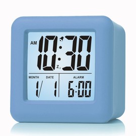 Plumeet Digital Travel Alarm Clock, Easy to Set with Snooze Mode, Soft Night Light, Large Time, Month, Date and Alarm Display, Rising Sound Alarm, Handheld Size (Light Blue)