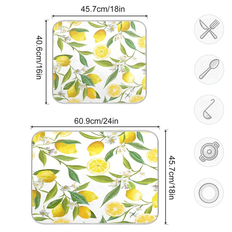 Lemon Flowers Dish Drying Mat for Kitchen, Absorbent Microfiber Drying