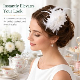 Women's Fascinator Headbands With Flower Pearls - Elegant Tea Party Headband for Weddings, Cocktails,Royal Races - Bridal Veil Hair Accessory for Dresses Halloween Cosplay-White