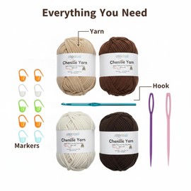 Jaciensh Thick Chenille Yarn, 4x100g Fluffy Chunky Yarn for Crochet, 5mm Crochet Hook Included, Great for Blankets Scarves and Suitable for Beginners & Pros (Brown - 4)