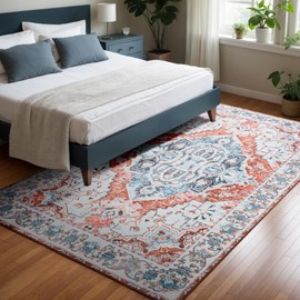 4x6 Washable Rug – Boho Non-Slip Indoor Area Rug for Living Room, Bedroom, Dining Room, Entryway – Light Blue and Terracotta Bohemian Style