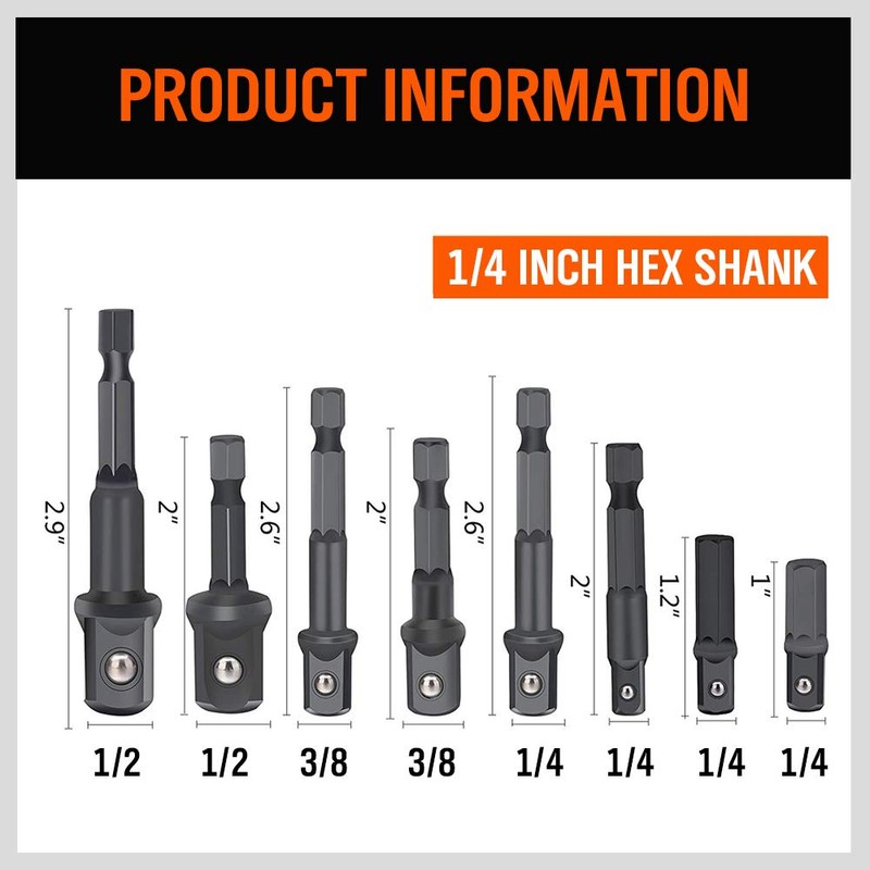 HORUSDY 8-Piece Impact Sockets Adapter Sets, Hex Shank 1/4" 3/8"