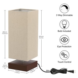 Touch Control Table Lamp Bedside 3 Way Dimmable Touch Desk Lamp Modern Nightstand Lamp with Square Fabric Lamp Shade Simple Night Light for Bedroom Living Room Office, Led Bulb Included