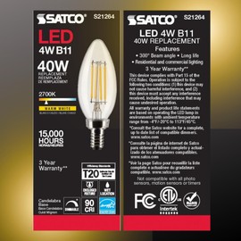 Satco LED Lamp, S21264 4B11/LED/927/CL/120V/E12, 4 Watt B11 Lightbulb, Clear; Candelabra Base; 90 CRI; 2700K; 120 Volt for Chandeliers,Ceiling Fan,Pendant,Wall sconces,residential,commercial (2 Pack)