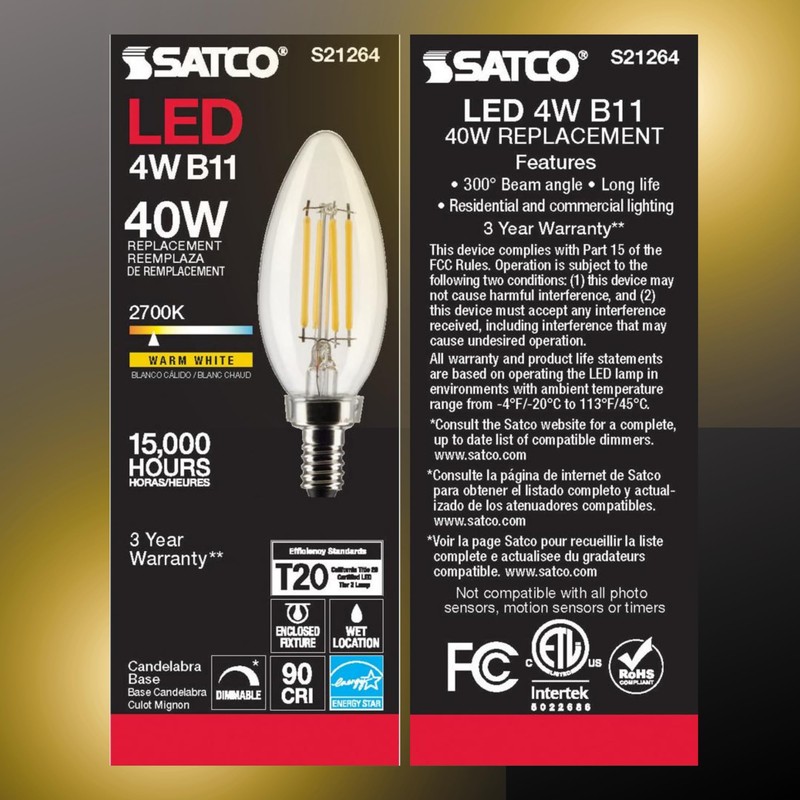Satco LED Lamp, S21264 4B11/LED/927/CL/120V/E12, 4 Watt B11 Lightbulb, Clear;