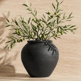 Jarrón de cerámica negro mate, jarrón de flores acanalado Wabi-Sabi de 6.7 pulgadas, jarrón de cerámica hecho a mano para hierba de las pampas, centro de mesa rústico para entrada, estante, decoración