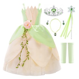 JerrisApparel Tiana Costume Girls Princess Flower Carnival Fancy Dress (100, Green)