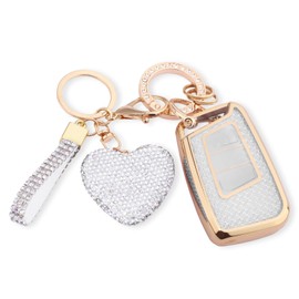Meruns Compatible with VW Volkswagen key fob cover with Diamond Bling Keychain, Car Accessories Key Shell for Atlas Tiguan Passat Jetta GLI Taos Arteon, Gold Clear