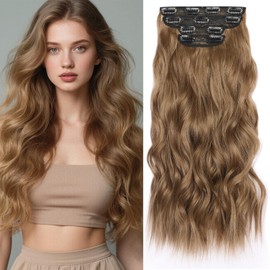 Clip in Curly Hair Extension 22in Synthetic Long Wavy Hair Extensions 4PCS Thick Double Weft Clip in Hair Extensions for Women # Chestnut Brown