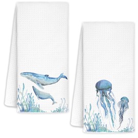 AQYIP Blue Coastal Beach Kitchen Towels Set of 2, Whale Jellyfish Coralline Decorative Dish Tea Towels for Kitchen, Under The Sea Hand Towels for Bathroom, Coastal Bathroom Decor, 16x24 Inch