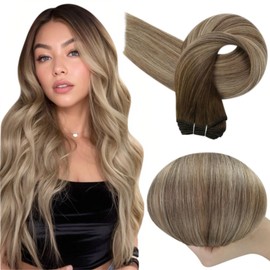 Full Shine Weft Hair Extensions Bundles Human Hair Color 3/8/22 Dark Brown Rooted Ash Brown and Blonde Balayage Hair Extensions 20 Inch 105 Grams Sew in Extensions Human Hair