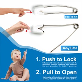 Sachverständigen-Zubehör® Safety Pins with Baby Clasp [Safety Nappy Pins] White Large 58 mm Set of 20 Stainless Steel Nappy Pins for Children Cloth Nappies with Extra Safety Lock