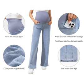 POSHGLAM Women's Maternity Jeans Wide Leg Side Seam 4 Pockets Stretchy Comfy Pregnancy Denim Pants(Light Blue, Medium)
