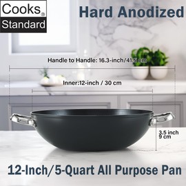 Cooks Standard Everyday Pan with Glass Lid, Chef's Pan 12-Inch Hard Anodized Nonstick All Purpose Pan 5-Quart Wok Stir Fry Pan, Black