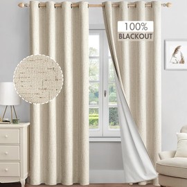 MIULEE Linen Textured 100% Blackout Curtains for Bedroom 90 Inches Long Natural Beige Thermal Insulated Black Out Curtains/Draperies with White Liner for Living Room/Nursery, Grommet Top, 2 Panels