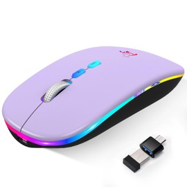 BQSS LED Wireless Mouse, Slim Rechargeable Silent Portable USB Optical 2.4G Wireless Bluetooth Two Mode Computer Mice with USB Receiver and Type C Adapter Light Purple