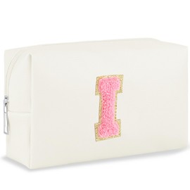 URSKYTOUS - Bolsa de maquillaje con inicial, personalizada, pequeña bolsa de cosméticos de viaje, bonita bolsa de maquillaje de felpilla blanca de poliuretano, para cartera, impermeable, con cierre,