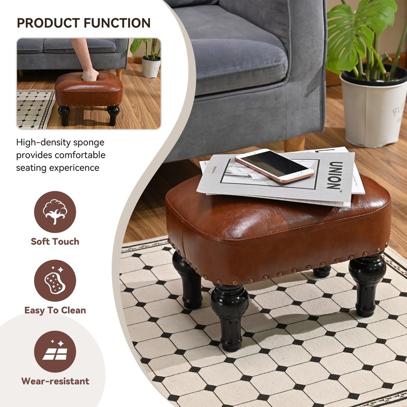 DSGAMER Leather Ottoman Footrest,Rustic Foot Stools Seat,Wood Footstool Rectangle Footrest