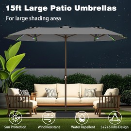 AreShark 15FT Patio Umbrella with Solar Lights, Outdoor Table Umbrellas Double-Sided with Crank, Large Rectangular Market Umbrella for Porch, Lawn, Pool, Backyard (Gray)