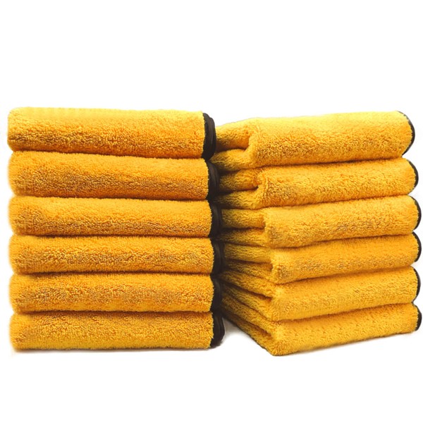 Solid Multipurpose Plush Microfiber Cleaning Cloth - Cleaning Towel for Household, Car Washing, Drying & Auto Detailing - 12" x 12" (Yellow, 12)