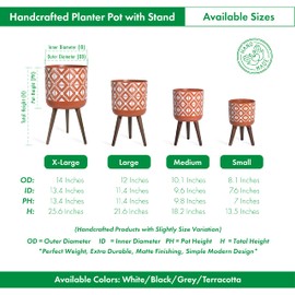D'vine Dev 10 Inch Planter Pot with Stand, Mid-Century Tall Plant Pot with Legs for Indoor Plants, Pottery Red Terracotta/White, 88-G-B-5