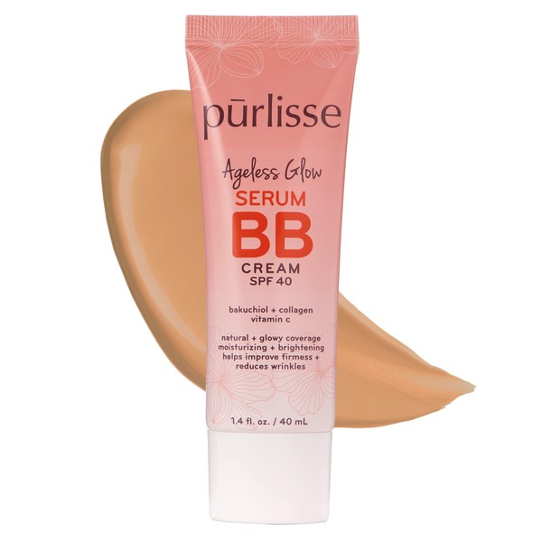 purlisse Ageless Glow Serum BB Cream SPF 40 : Clean & Cruelty-Free, Full & Flawless Coverage, Hydrates with Collagen | Medium Warm 1.4oz