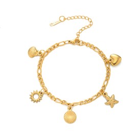 Fashion Bracelet Dainty Bangle Shell Starfish Heart Sun Cion Stacking Bracelets Stainless Steel Anklet Popular Charm Jewelry Cute Present Gifts for Women Daughter Student Graduation (Gold)