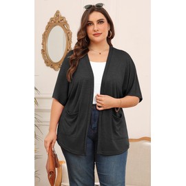 Veryoung Womens Black Short Sleeve Kimono Cardigans 2025 Lightweight Summer Cardigan Casual Loose Fit Beach Cover Up Curved Hem with Pockets,Black,M