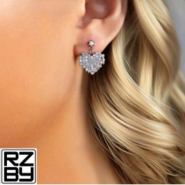 Heart Drop Stud Earrings, 14k Yellow Gold Plated or Platinum Plated, Cubic Zirconia, 17.45mm Drop, Hypoallergenic (Silver)