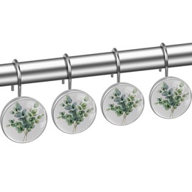 Sage Green Eucalyptus Bouquet Bathroom Shower Curtain Hooks, 12 Pcs Stainless Steel Shower Curtain Hooks Rings for Bathroom Shower Rods Curtains