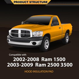 CNNELL Hood Insulation Pad 1/2" Heat Blanket with Clips Compatible with 2002-2009 Dodge Ram 2500 3500 Black