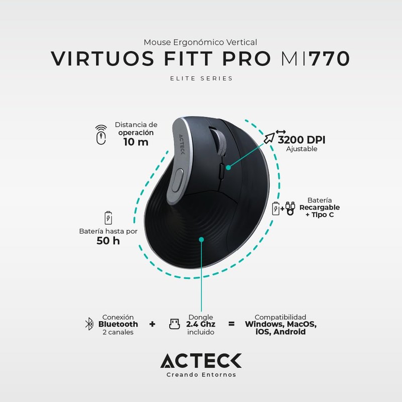 Acteck Mouse Ergonomico VIRTUOS Fitt Pro MI770 1600dpi Inalambrico 8