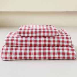 NSNLGSGC Red Gingham Queen Sheet Set, Soft Brushed Microfiber Plaid Queen Bed Sheets, 4-Pieces Grid Sheet Set with Deep Pocket