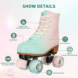 jessie Roller Skates Women and Girl, PU Leather Light up Adult Roller Skates, Fantasy Adjustable Four-Wheel Beginner Women Roller Skates Outdoor Indoor (Green Pink 37)