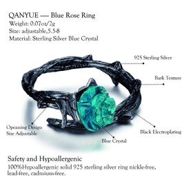 qanyue Rose Rings for Women, Thorn Blue Cubic Zirconia Flower Ring, Adjustable Stacking Ring Vivid Rose Flower Christmas Gift Adjustable