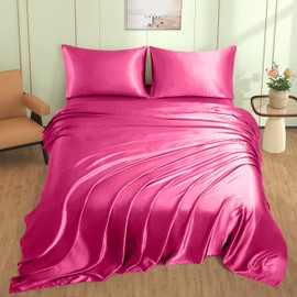VACVELT 4pcs Hot Pink Satin Sheets Full Size Bed Set, 15 Inch Deep Pocket Silky Satin Sheet Set, Soft Satin Bedding Set Cooling & Luxury Bed Sheets, 1 Fitted Sheet + 1 Flat Sheet + 2 Pillowcases