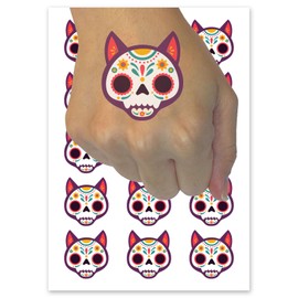 Dia De Los Muertos Cat Skull Temporary Tattoo Water Resistant Fake Body Art Set Collection - 15 2" Tattoos (1 Sheet)