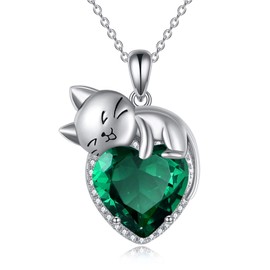 Vadmans Birthstone Cat Necklace Sterling Silver Green Crystal Cat Pendant Emerald Jewelry May Birthday Gift for Women