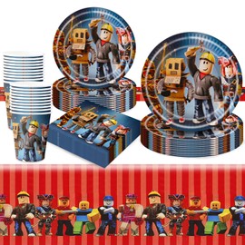 81Pcs Birthday Decorations, Game Party Decorations Kids' Party Tableware Set, Birthday Party Plates Cups and Napkins Tablecloth 20 Guests