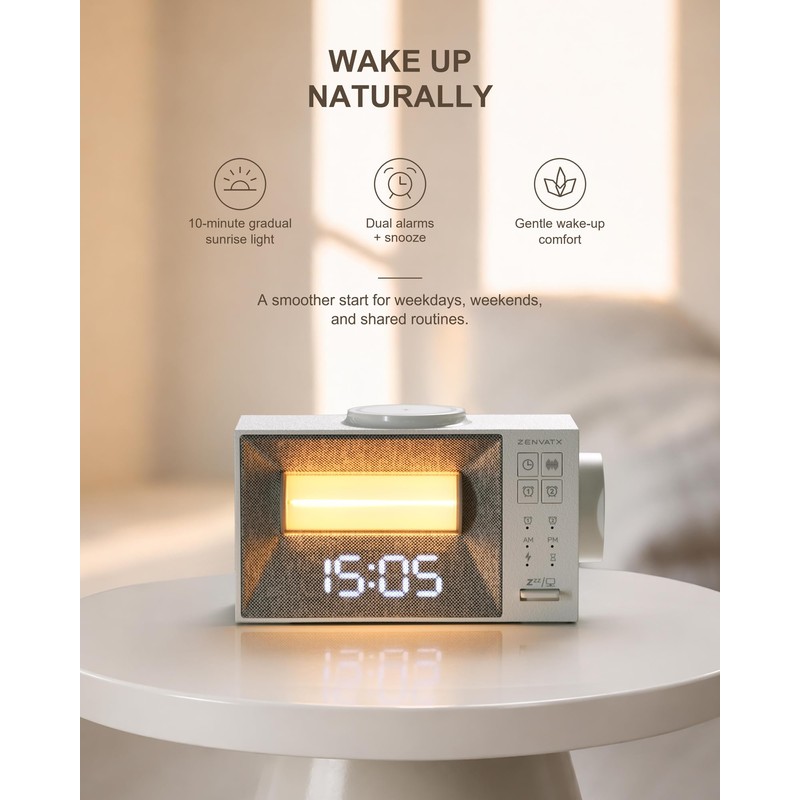 Sound Machine Alarm Clock with Wireless Charger for Bedroom, Hotel