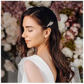 Iaceble Boho Rhinestone Leaves Hairclip Barrette cz Leaf Side Clip Pin Gold Pearl Hair Barrette Clip Metal Leaf Hairpins Clip Hair Accessory for Women and Girl Headdress