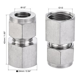 uxcell Compression Tube Fitting G1/2 Female Thread x 1/2" Tube OD Straight Coupling Adapter 304 Stainless Steel