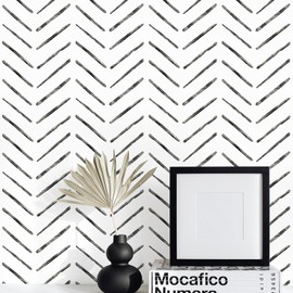 Rugreat Herringbone Peel and Stick Wallpaper Modern Stripe Contact Paper for Cabinets 118inL17.3inW Neutral Self Adhesive Removable Wallpaper for Bedroom Bathroom Waterproof Black and White