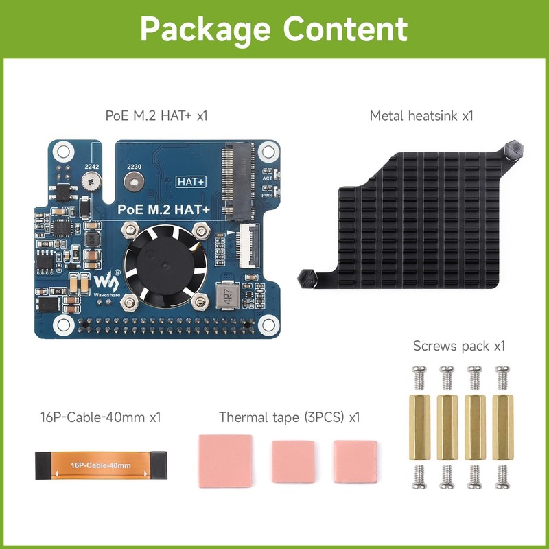 Waveshare PCIe to M.2 HAT+ Adapter with PoE Compatible with