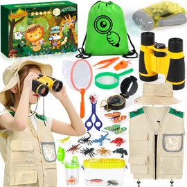 MOYKSRR Explorer Set for Children, Outdoor Explorer Toy Set, Researcher Set for Children from 6 with Safari Costume Vest, Hat, Binoculars for Children, Cup Magnifier - Exploration Toy for Camping