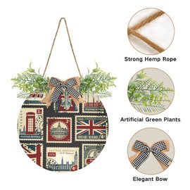 Oyihfvs Union Jack, Parliament, Big Ben and London Retro Stamps Door Hanging Sign, 12" Merry Christmas Front Plaque Board Round Wreath for Daily Holiday Welcome Home Garden Yard Wall Pediments