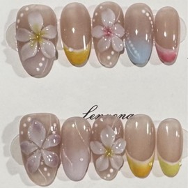 YIHONGYAN Press on Nails Almond Short Spring Fake Nails Press ons Nails French Tips Artificial Acrylic Nail Kit Full Cover False Nails with 3D Relief Flowers Design Stick on Nails Women 30Pcs